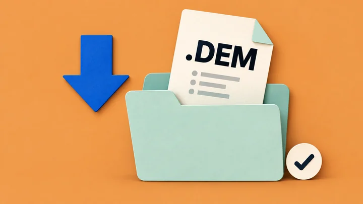 A paper-cut download arrow and a mint folder holding a .DEM match file on an apricot background